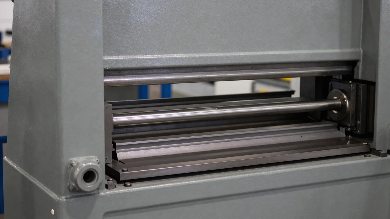 Close-up of a press brake frame and ram joint, industrial editori