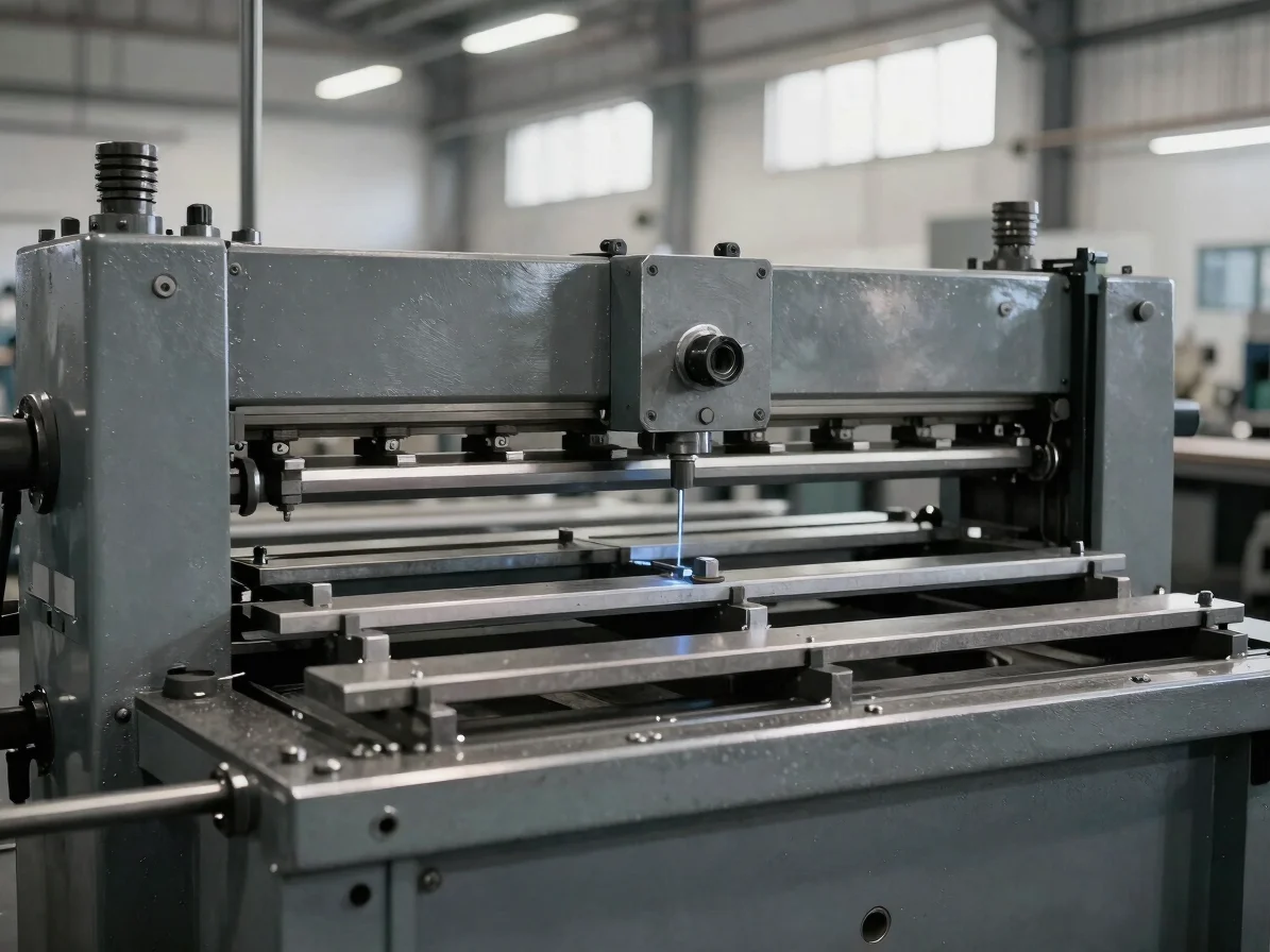 Industrial editorial photograph of a press brake bending a multi-