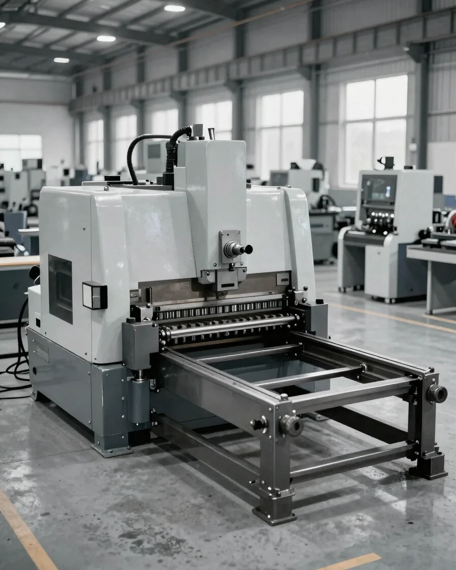 Wide environmental view of a clean industrial press brake worksho