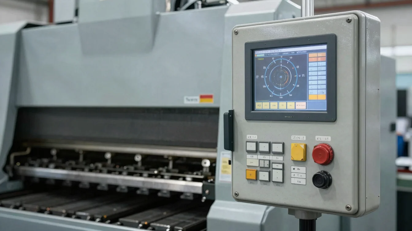 Close-up of a press brake CNC control panel and operator interfac