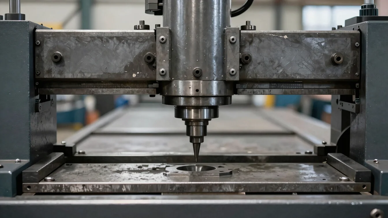 Straight-on close-up of press brake punch and die tooling on a st