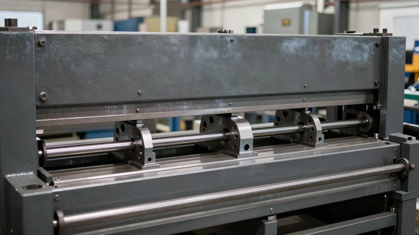 Industrial editorial photograph of a press brake forming an autom